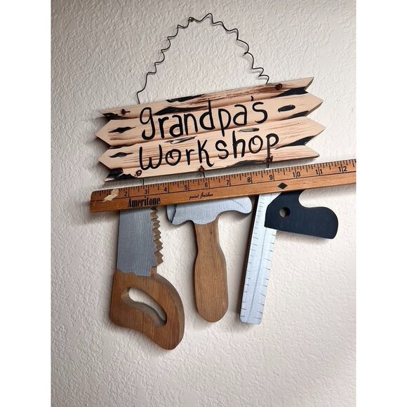 Grandpa's Workshop Wooden Hanging Rustic Sign With Tool Cutouts 16" x 12" Gift - Picture 3 of 6